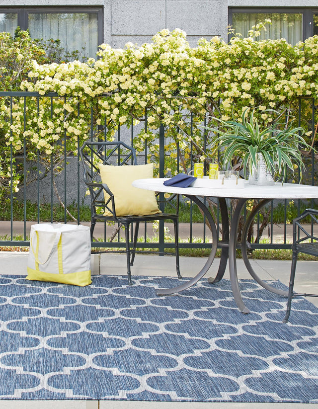 Navy Blue 5' 3 x 5' 3 Outdoor Trellis Square Area Rug Weather Resistant for Patio, Deck, Terrace, Balcony, Porch Geometric Design Water Safe Outside Carpet for Sale at Rug Engine