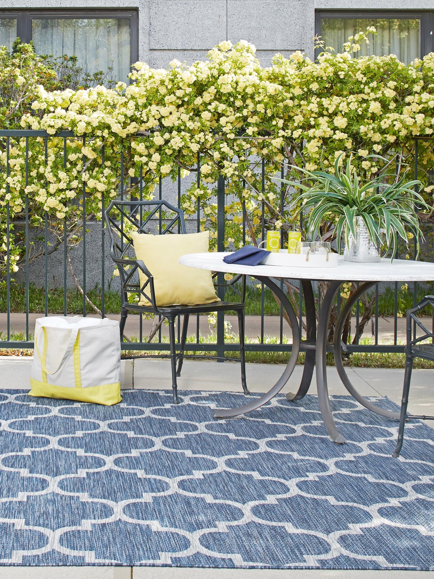 Navy Blue 7' 10 x 7' 10 Outdoor Trellis Square Area Rug Weather Resistant for Patio, Deck, Terrace, Balcony, Porch Geometric Design Water Safe Outside Carpet for Sale at Rug Engine