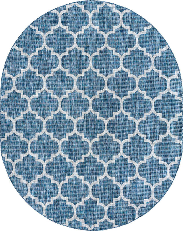 Navy Blue 7' 10 x 10' Outdoor Trellis Oval Area Rug Weather Resistant for Patio, Deck, Terrace, Balcony, Porch Geometric Design Water Safe Outside Carpet for Sale at Rug Engine