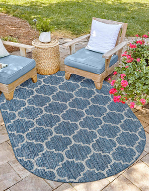 Navy Blue 5' 3 x 8' Outdoor Trellis Oval Area Rug Weather Resistant for Patio, Deck, Terrace, Balcony, Porch Geometric Design Water Safe Outside Carpet for Sale at Rug Engine