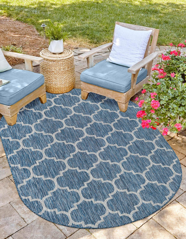 Navy Blue 3' 1 x 5' 3 Outdoor Trellis Oval Area Rug Weather Resistant for Patio, Deck, Terrace, Balcony, Porch Geometric Design Water Safe Outside Carpet for Sale at Rug Engine
