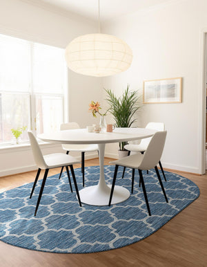 Navy Blue 5' 3 x 8' Outdoor Trellis Oval Area Rug Weather Resistant for Patio, Deck, Terrace, Balcony, Porch Geometric Design Water Safe Outside Carpet for Sale at Rug Engine