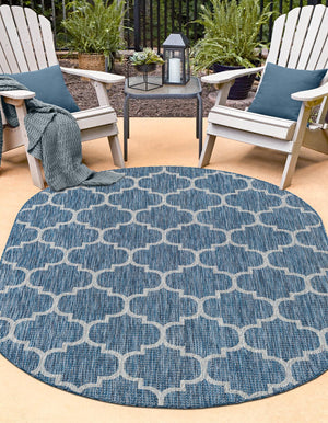 Navy Blue 3' 1 x 5' 3 Outdoor Trellis Oval Area Rug Weather Resistant for Patio, Deck, Terrace, Balcony, Porch Geometric Design Water Safe Outside Carpet for Sale at Rug Engine