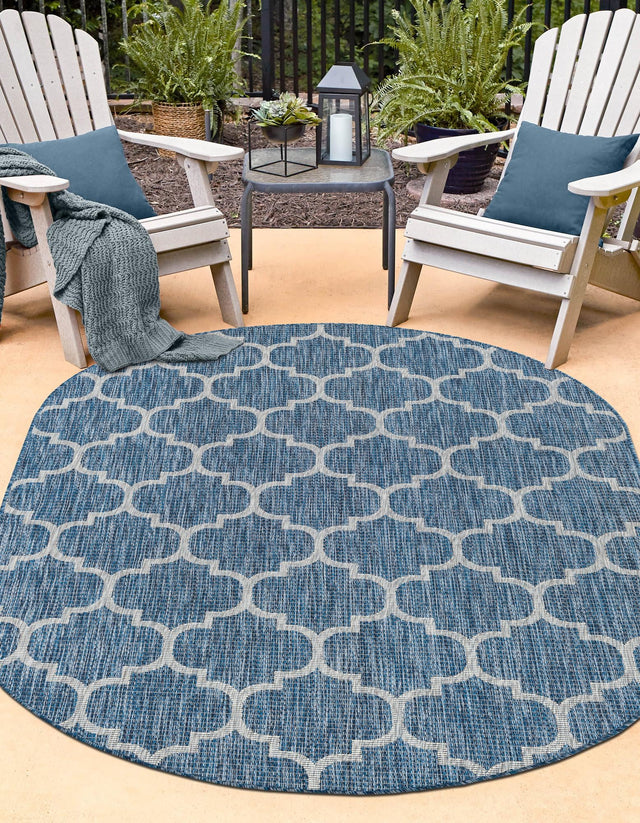 Navy Blue 7' 10 x 10' Outdoor Trellis Oval Area Rug Weather Resistant for Patio, Deck, Terrace, Balcony, Porch Geometric Design Water Safe Outside Carpet for Sale at Rug Engine