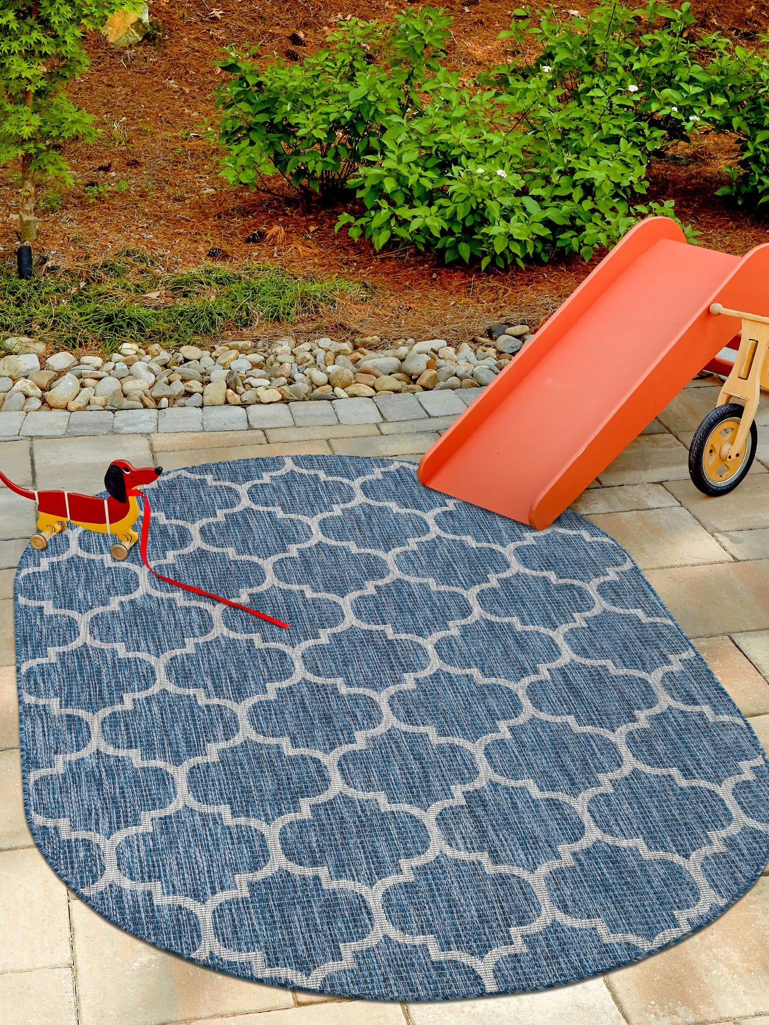 Navy Blue 5' 3 x 8' Outdoor Trellis Oval Area Rug Weather Resistant for Patio, Deck, Terrace, Balcony, Porch Geometric Design Water Safe Outside Carpet for Sale at Rug Engine