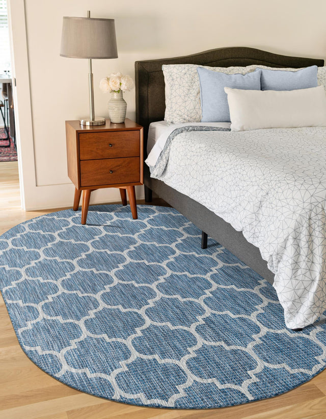 Navy Blue 3' 1 x 5' 3 Outdoor Trellis Oval Area Rug Weather Resistant for Patio, Deck, Terrace, Balcony, Porch Geometric Design Water Safe Outside Carpet for Sale at Rug Engine