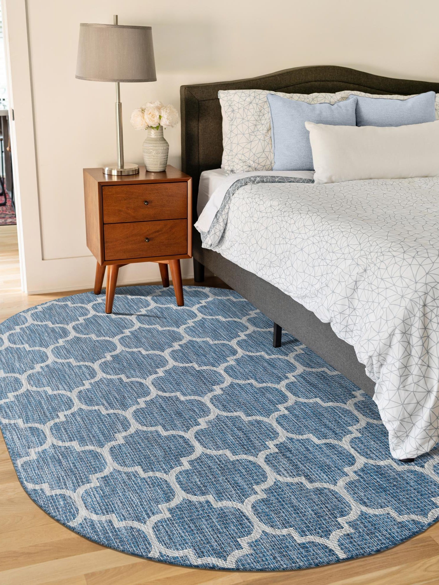 Navy Blue 7' 10 x 10' Outdoor Trellis Oval Area Rug Weather Resistant for Patio, Deck, Terrace, Balcony, Porch Geometric Design Water Safe Outside Carpet for Sale at Rug Engine