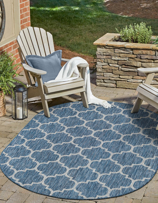 Navy Blue 7' 10 x 10' Outdoor Trellis Oval Area Rug Weather Resistant for Patio, Deck, Terrace, Balcony, Porch Geometric Design Water Safe Outside Carpet for Sale at Rug Engine
