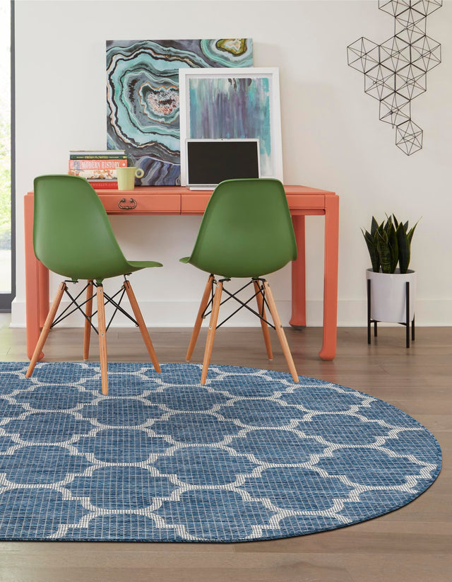Navy Blue 5' 3 x 8' Outdoor Trellis Oval Area Rug Weather Resistant for Patio, Deck, Terrace, Balcony, Porch Geometric Design Water Safe Outside Carpet for Sale at Rug Engine