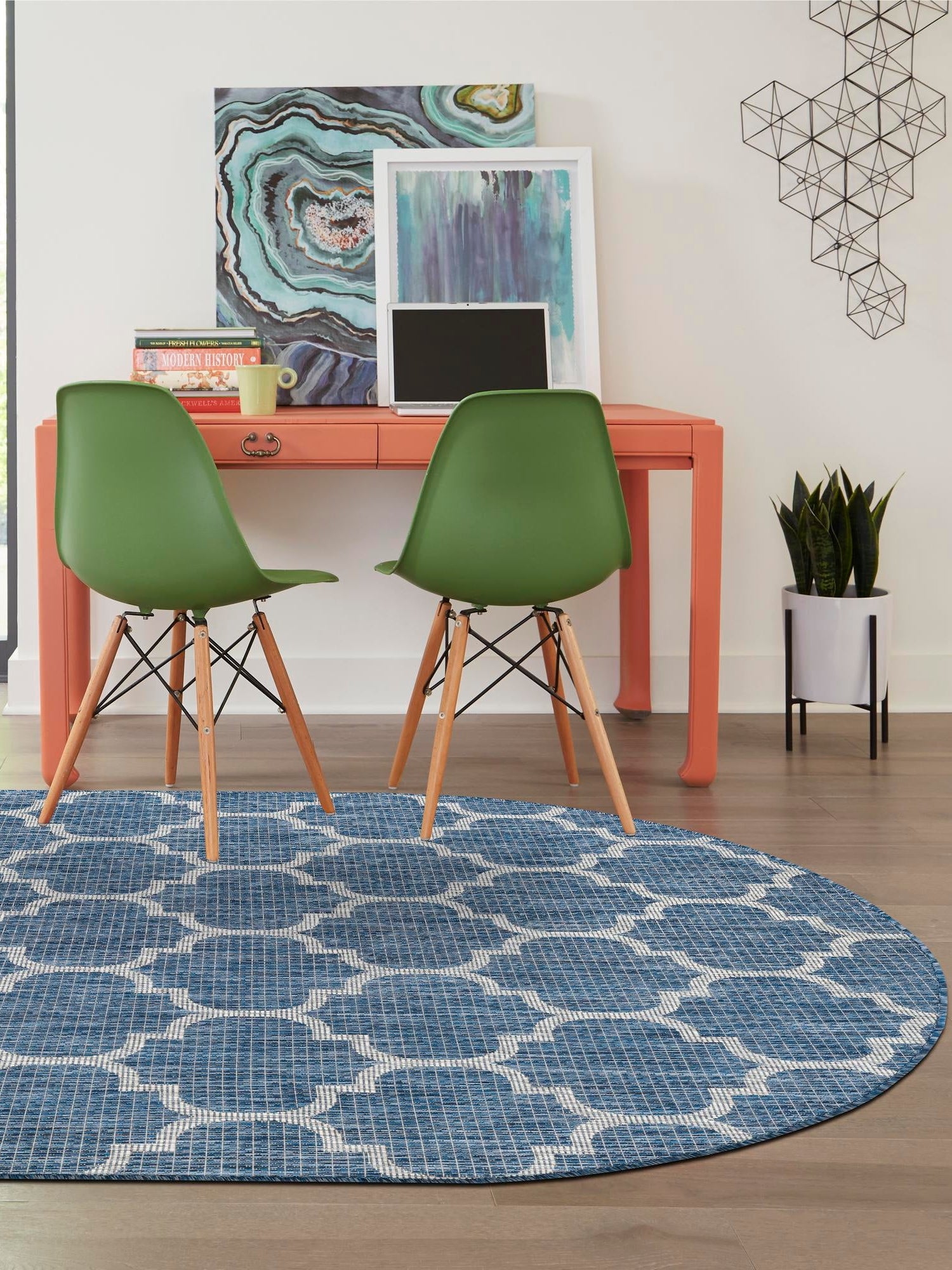 Navy Blue 7' 10 x 10' Outdoor Trellis Oval Area Rug Weather Resistant for Patio, Deck, Terrace, Balcony, Porch Geometric Design Water Safe Outside Carpet for Sale at Rug Engine