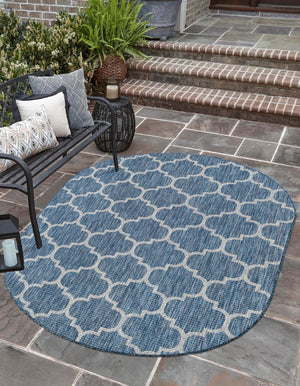Navy Blue 5' 3 x 8' Outdoor Trellis Oval Area Rug Weather Resistant for Patio, Deck, Terrace, Balcony, Porch Geometric Design Water Safe Outside Carpet for Sale at Rug Engine