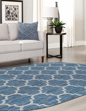 Navy Blue 7' 10 x 10' Outdoor Trellis Oval Area Rug Weather Resistant for Patio, Deck, Terrace, Balcony, Porch Geometric Design Water Safe Outside Carpet for Sale at Rug Engine