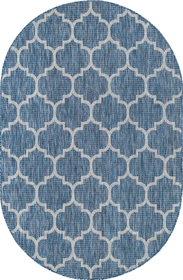 Navy Blue 5' 3 x 8' Outdoor Trellis Oval Area Rug Weather Resistant for Patio, Deck, Terrace, Balcony, Porch Geometric Design Water Safe Outside Carpet for Sale at Rug Engine