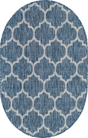 Navy Blue 3' 1 x 5' 3 Outdoor Trellis Oval Area Rug Weather Resistant for Patio, Deck, Terrace, Balcony, Porch Geometric Design Water Safe Outside Carpet for Sale at Rug Engine