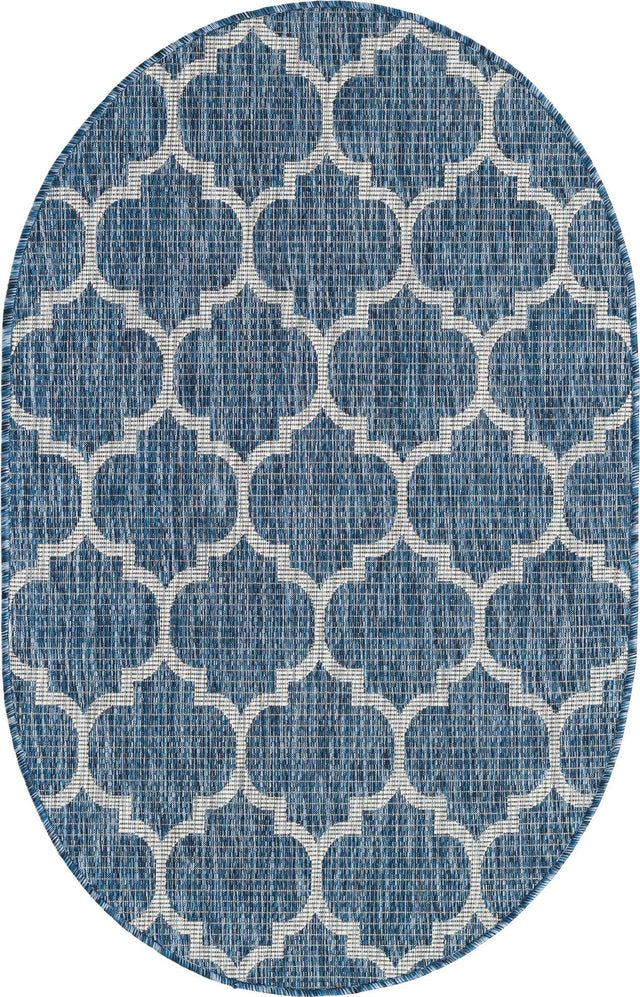 Navy Blue 3' 1 x 5' 3 Outdoor Trellis Oval Area Rug Weather Resistant for Patio, Deck, Terrace, Balcony, Porch Geometric Design Water Safe Outside Carpet for Sale at Rug Engine