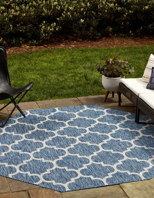 Navy Blue 7' 10 x 7' 10 Outdoor Trellis Octagon Area Rug Weather Resistant for Patio, Deck, Terrace, Balcony, Porch Geometric Design Water Safe Outside Carpet for Sale at Rug Engine