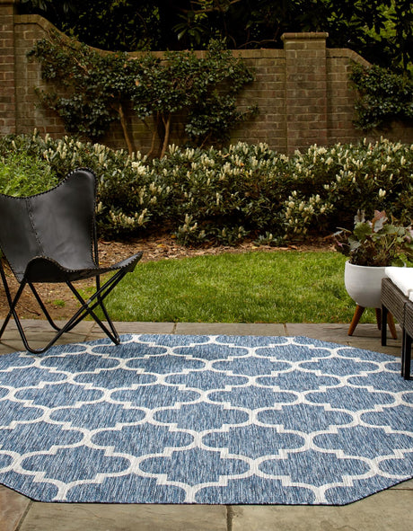 Navy Blue 7' 10 x 7' 10 Outdoor Trellis Octagon Area Rug Weather Resistant for Patio, Deck, Terrace, Balcony, Porch Geometric Design Water Safe Outside Carpet for Sale at Rug Engine