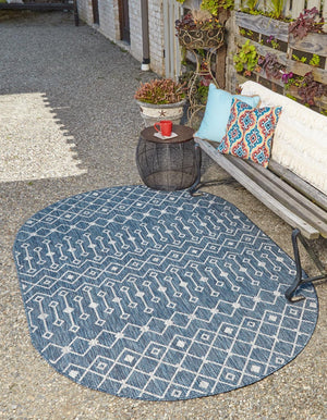 Blue 5' 3 x 8' Outdoor Trellis Oval Area Rug Weather Resistant for Patio, Deck, Terrace, Balcony, Porch Geometric Design Water Safe Outside Carpet for Sale at Rug Engine