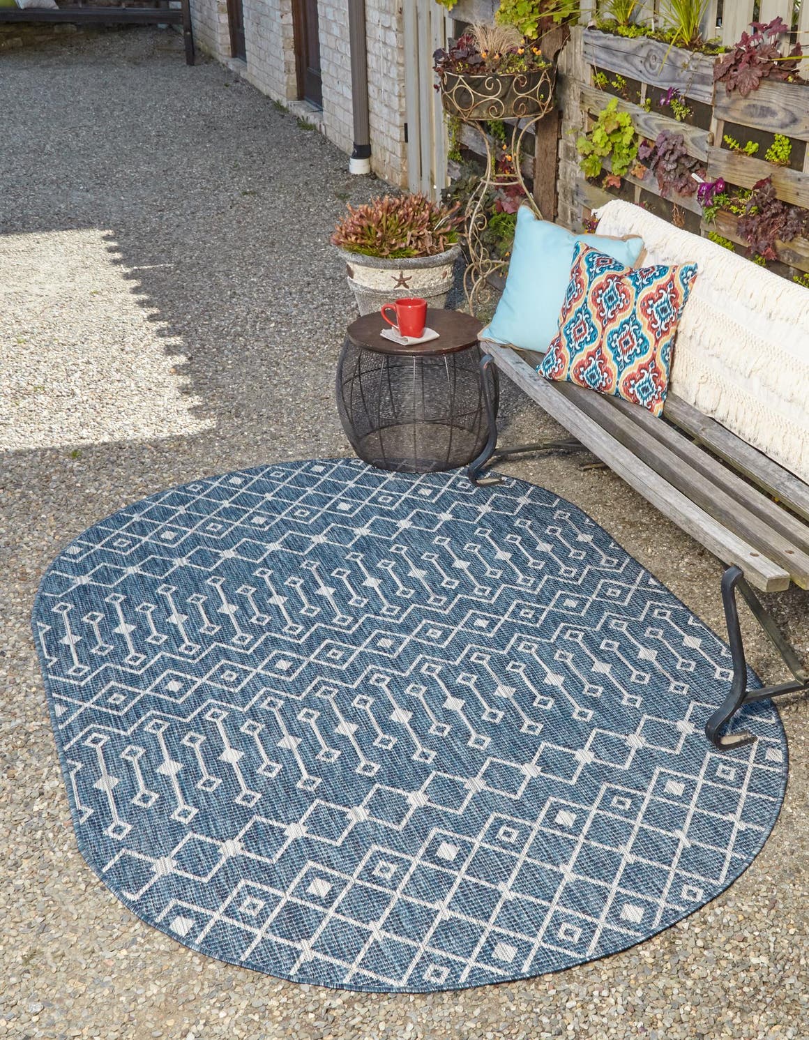 Blue 2' x 3' 1 Outdoor Trellis Oval Area Rug Weather Resistant for Patio, Deck, Terrace, Balcony, Porch Geometric Design Water Safe Outside Carpet for Sale at Rug Engine