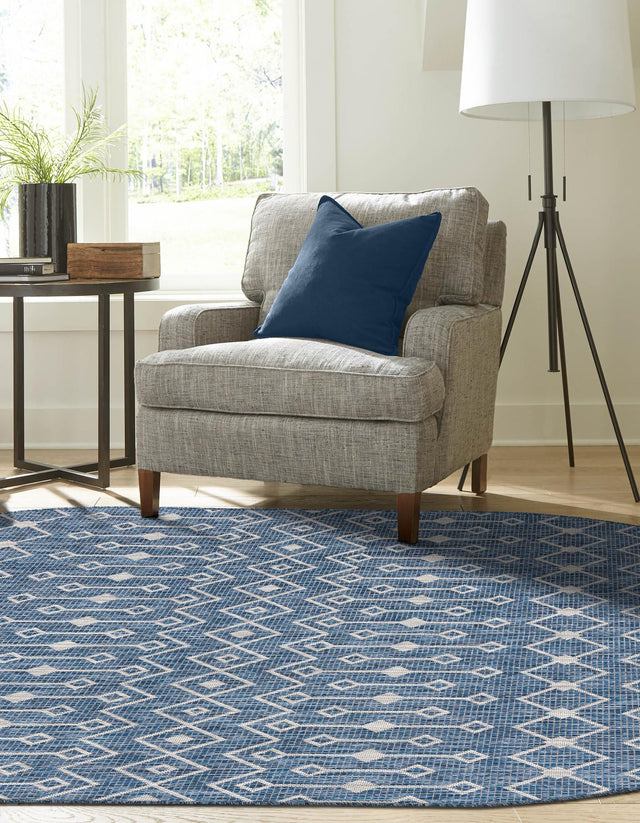 Blue 4' 1 x 6' 1 Outdoor Trellis Oval Area Rug Weather Resistant for Patio, Deck, Terrace, Balcony, Porch Geometric Design Water Safe Outside Carpet for Sale at Rug Engine
