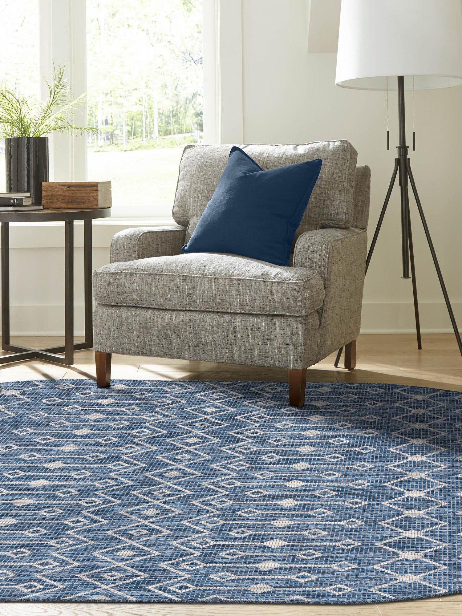 Blue 7' 10 x 10' Outdoor Trellis Oval Area Rug Weather Resistant for Patio, Deck, Terrace, Balcony, Porch Geometric Design Water Safe Outside Carpet for Sale at Rug Engine