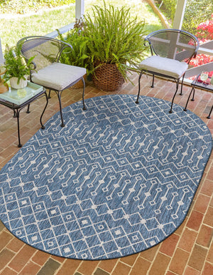 Blue 2' x 3' 1 Outdoor Trellis Oval Area Rug Weather Resistant for Patio, Deck, Terrace, Balcony, Porch Geometric Design Water Safe Outside Carpet for Sale at Rug Engine