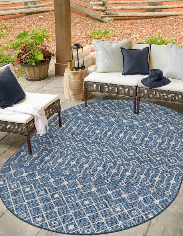 Blue 4' 1 x 6' 1 Outdoor Trellis Oval Area Rug Weather Resistant for Patio, Deck, Terrace, Balcony, Porch Geometric Design Water Safe Outside Carpet for Sale at Rug Engine