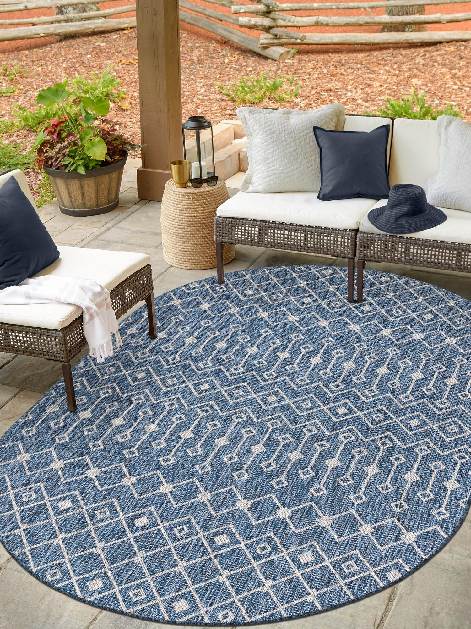 Blue 7' 10 x 10' Outdoor Trellis Oval Area Rug Weather Resistant for Patio, Deck, Terrace, Balcony, Porch Geometric Design Water Safe Outside Carpet for Sale at Rug Engine
