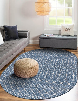 Blue 4' 1 x 6' 1 Outdoor Trellis Oval Area Rug Weather Resistant for Patio, Deck, Terrace, Balcony, Porch Geometric Design Water Safe Outside Carpet for Sale at Rug Engine