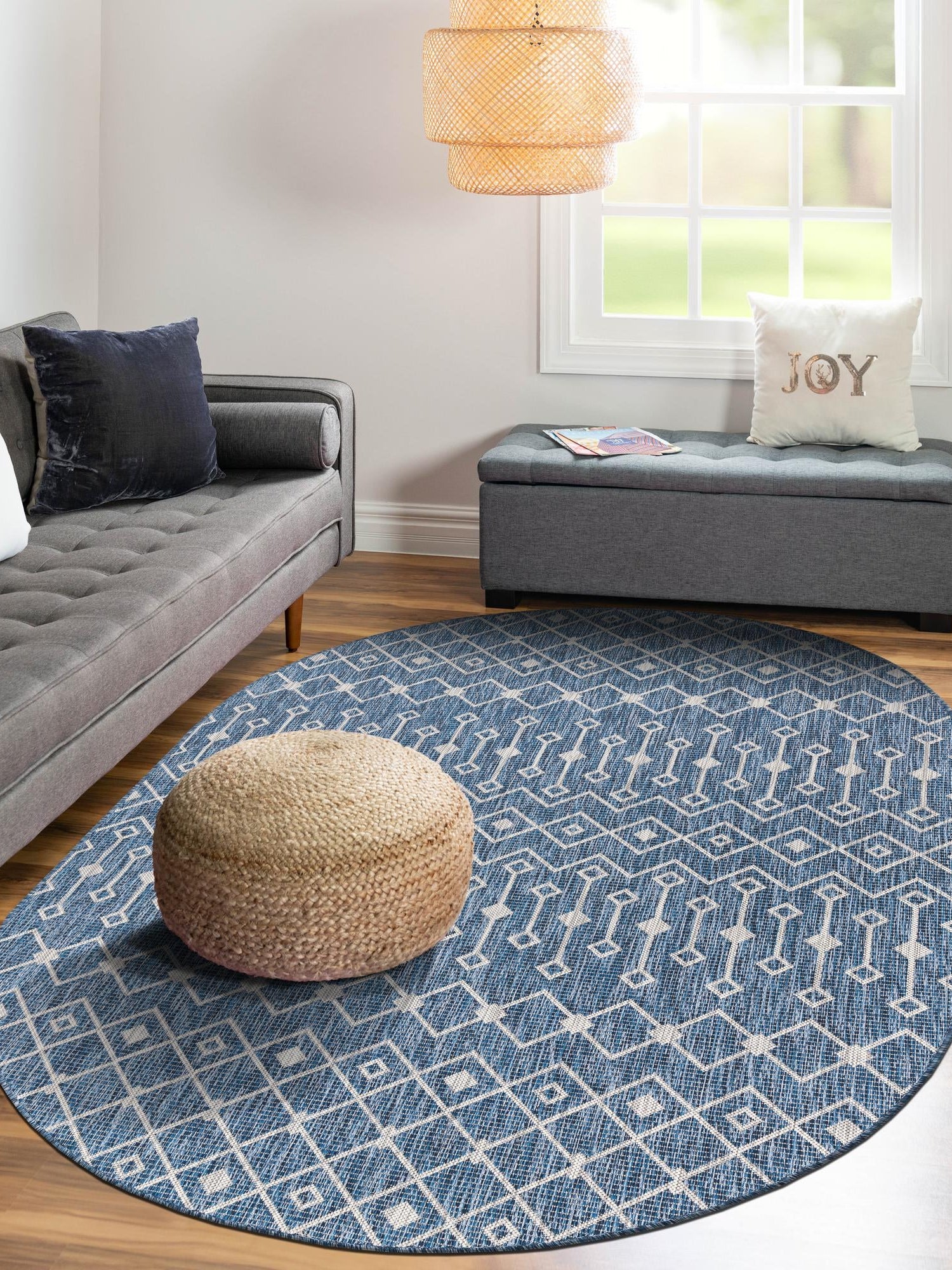 Blue 5' 3 x 8' Outdoor Trellis Oval Area Rug Weather Resistant for Patio, Deck, Terrace, Balcony, Porch Geometric Design Water Safe Outside Carpet for Sale at Rug Engine