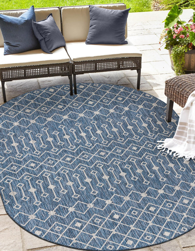 Blue 4' 1 x 6' 1 Outdoor Trellis Oval Area Rug Weather Resistant for Patio, Deck, Terrace, Balcony, Porch Geometric Design Water Safe Outside Carpet for Sale at Rug Engine