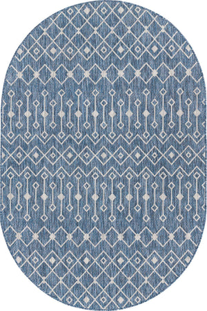 Blue 5' 3 x 8' Outdoor Trellis Oval Area Rug Weather Resistant for Patio, Deck, Terrace, Balcony, Porch Geometric Design Water Safe Outside Carpet for Sale at Rug Engine