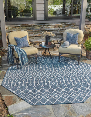 Blue 5' 3 x 5' 3 Outdoor Trellis Octagon Area Rug Weather Resistant for Patio, Deck, Terrace, Balcony, Porch Geometric Design Water Safe Outside Carpet for Sale at Rug Engine
