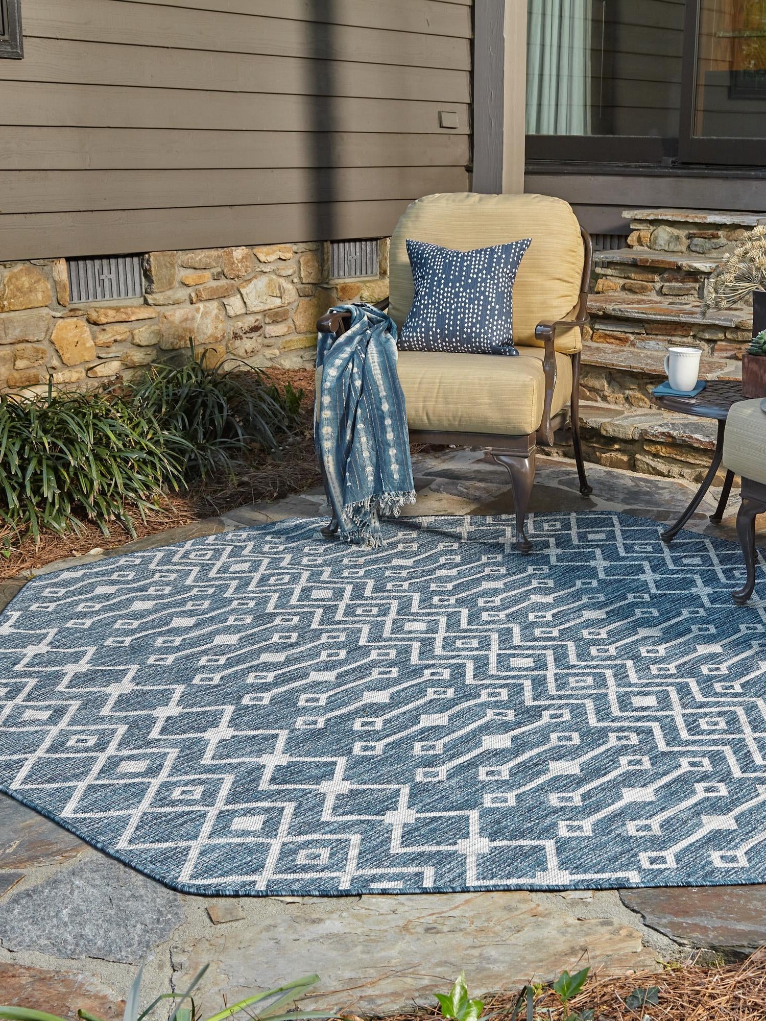 Blue 5' 3 x 5' 3 Outdoor Trellis Octagon Area Rug Weather Resistant for Patio, Deck, Terrace, Balcony, Porch Geometric Design Water Safe Outside Carpet for Sale at Rug Engine