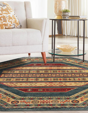 Blue 7' 1 x 7' 1 Fars Octagon Area Rug 100% Polypropylene Unique Traditional Carpet for Classical Living, Dining Room & Office Spaces for Sale at Rug Engine