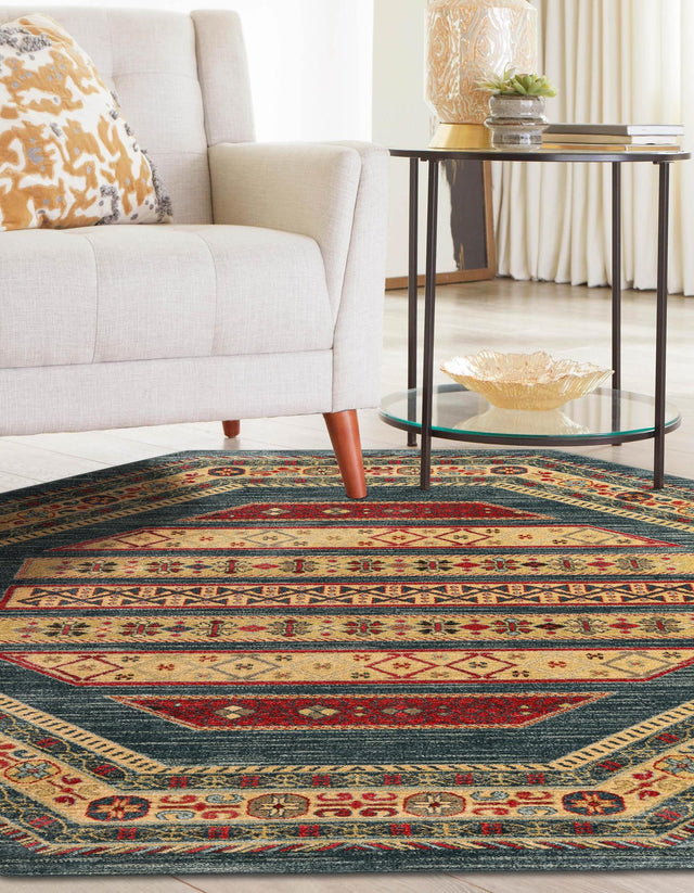 Blue 7' 1 x 7' 1 Fars Octagon Area Rug 100% Polypropylene Unique Traditional Carpet for Classical Living, Dining Room & Office Spaces for Sale at Rug Engine