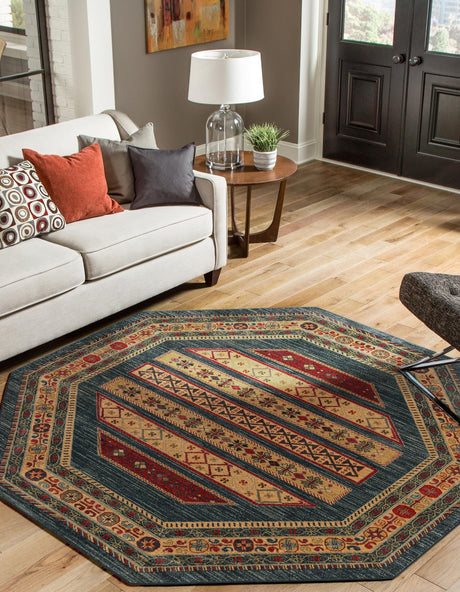 Blue 7' 1 x 7' 1 Fars Octagon Area Rug 100% Polypropylene Unique Traditional Carpet for Classical Living, Dining Room & Office Spaces for Sale at Rug Engine