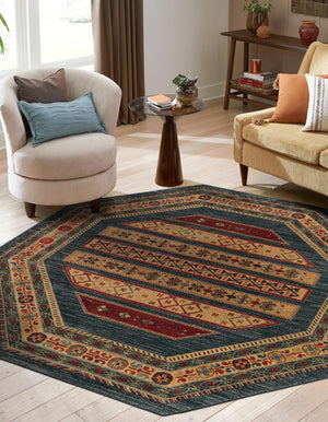 Blue 7' 1 x 7' 1 Fars Octagon Area Rug 100% Polypropylene Unique Traditional Carpet for Classical Living, Dining Room & Office Spaces for Sale at Rug Engine