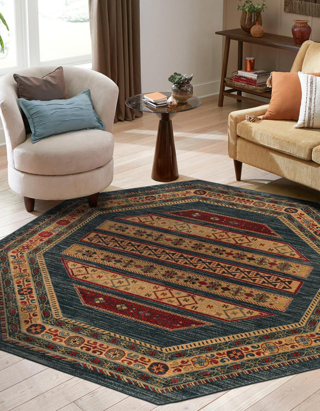 Blue 7' 1 x 7' 1 Fars Octagon Area Rug 100% Polypropylene Unique Traditional Carpet for Classical Living, Dining Room & Office Spaces for Sale at Rug Engine