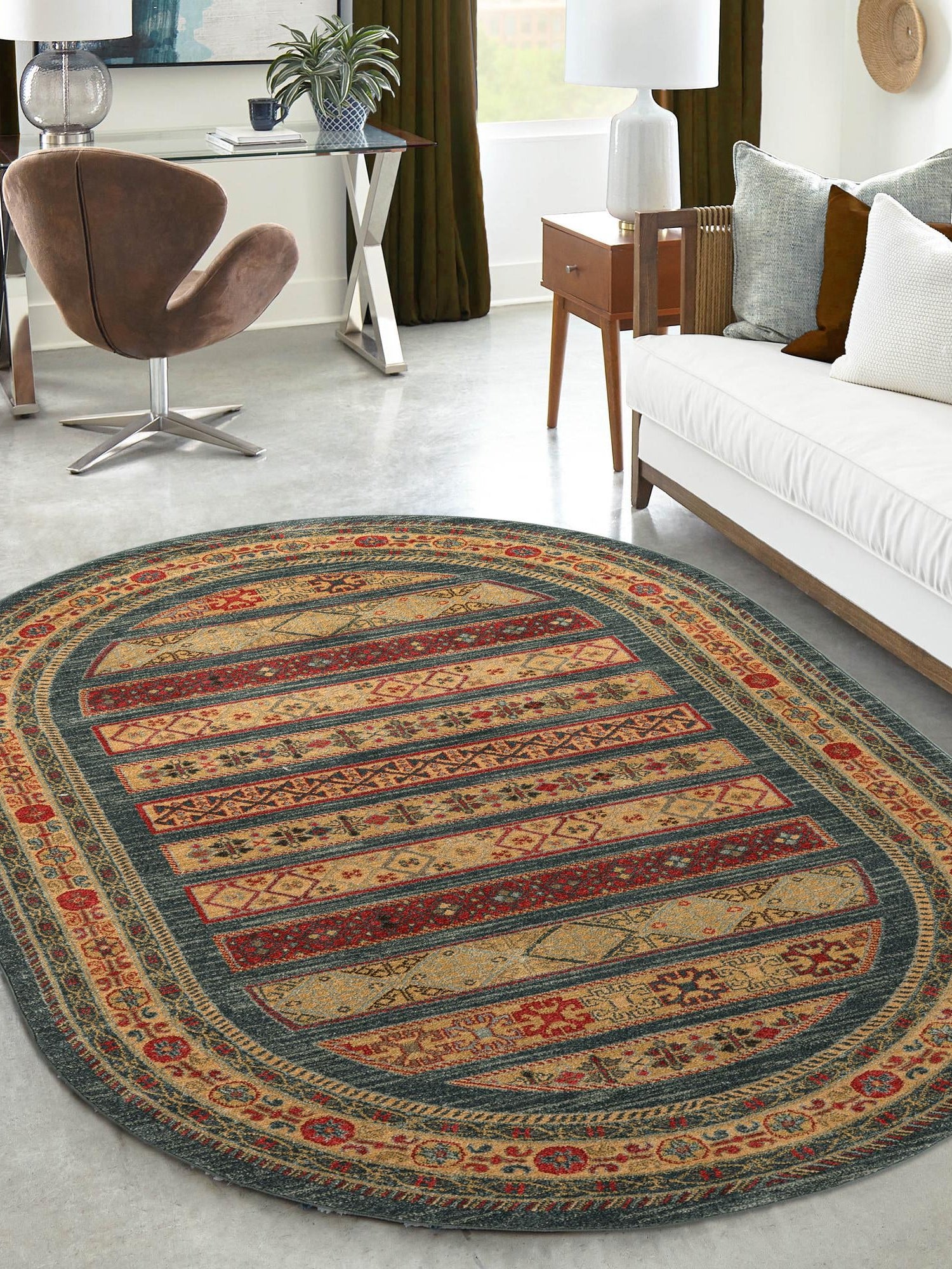Blue 4' 1 x 6' 1 Fars Oval Area Rug 100% Polypropylene Unique Traditional Carpet for Classical Living, Dining Room & Office Spaces for Sale at Rug Engine