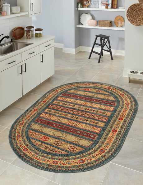 Blue 4' 1 x 6' 1 Fars Oval Area Rug 100% Polypropylene Unique Traditional Carpet for Classical Living, Dining Room & Office Spaces for Sale at Rug Engine