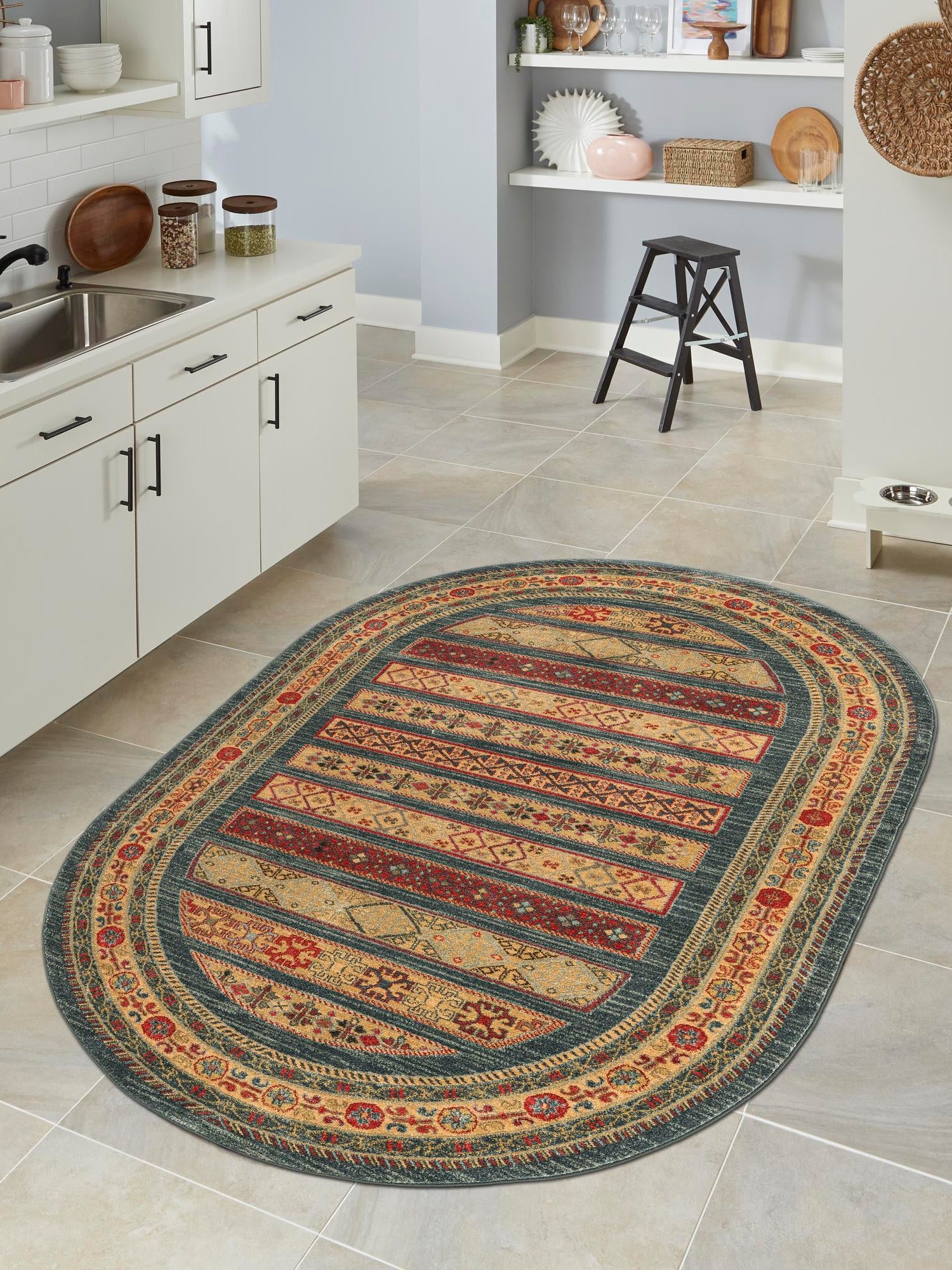 Blue 5' 1 x 8' Fars Oval Area Rug 100% Polypropylene Unique Traditional Carpet for Classical Living, Dining Room & Office Spaces for Sale at Rug Engine