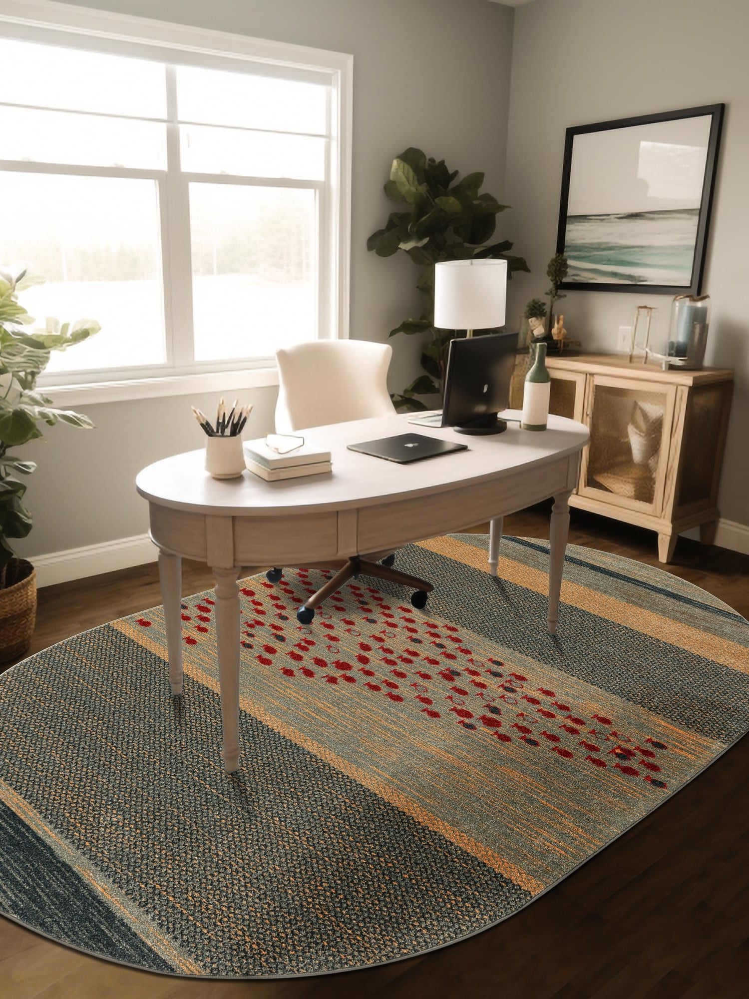 Blue 5' 1 x 8' Fars Oval Area Rug 100% Polypropylene Unique Traditional Carpet for Classical Living, Dining Room & Office Spaces for Sale at Rug Engine