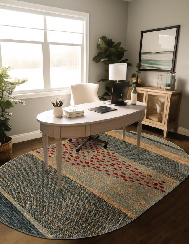 Blue 5' 1 x 8' Fars Oval Area Rug 100% Polypropylene Unique Traditional Carpet for Classical Living, Dining Room & Office Spaces for Sale at Rug Engine