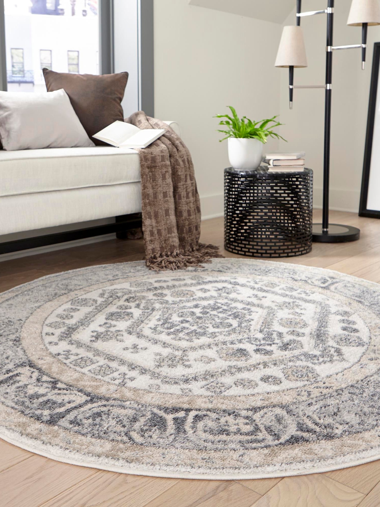 Ivory 3' x 3' Aurelia Round Area Rug 100% Polypropylene & Jute Backing Living Dining Room Bedroom Office Traditional Carpet for Sale at Rug Engine