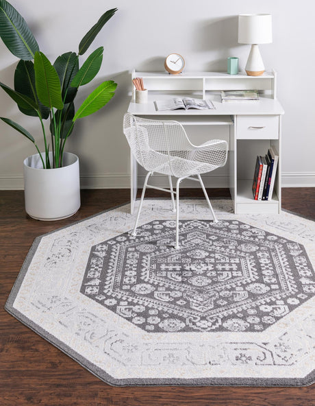 Charcoal 7' x 7' Aurelia Octagon Area Rug 100% Polypropylene & Jute Backing Living Dining Room Bedroom Office Traditional Carpet for Sale at Rug Engine
