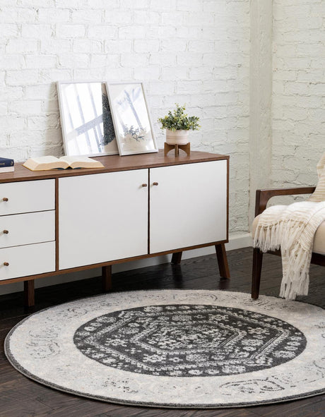 Charcoal 5' x 5' Aurelia Round Area Rug 100% Polypropylene & Jute Backing Living Dining Room Bedroom Office Traditional Carpet for Sale at Rug Engine