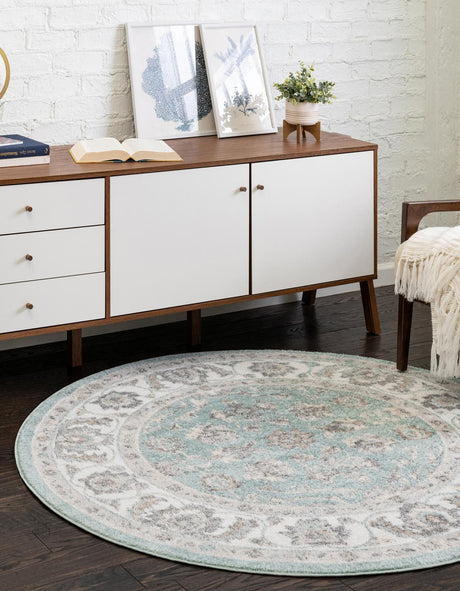 Aqua 5' x 5' Aurelia Round Area Rug 100% Polypropylene & Jute Backing Living Dining Room Bedroom Office Traditional Carpet for Sale at Rug Engine