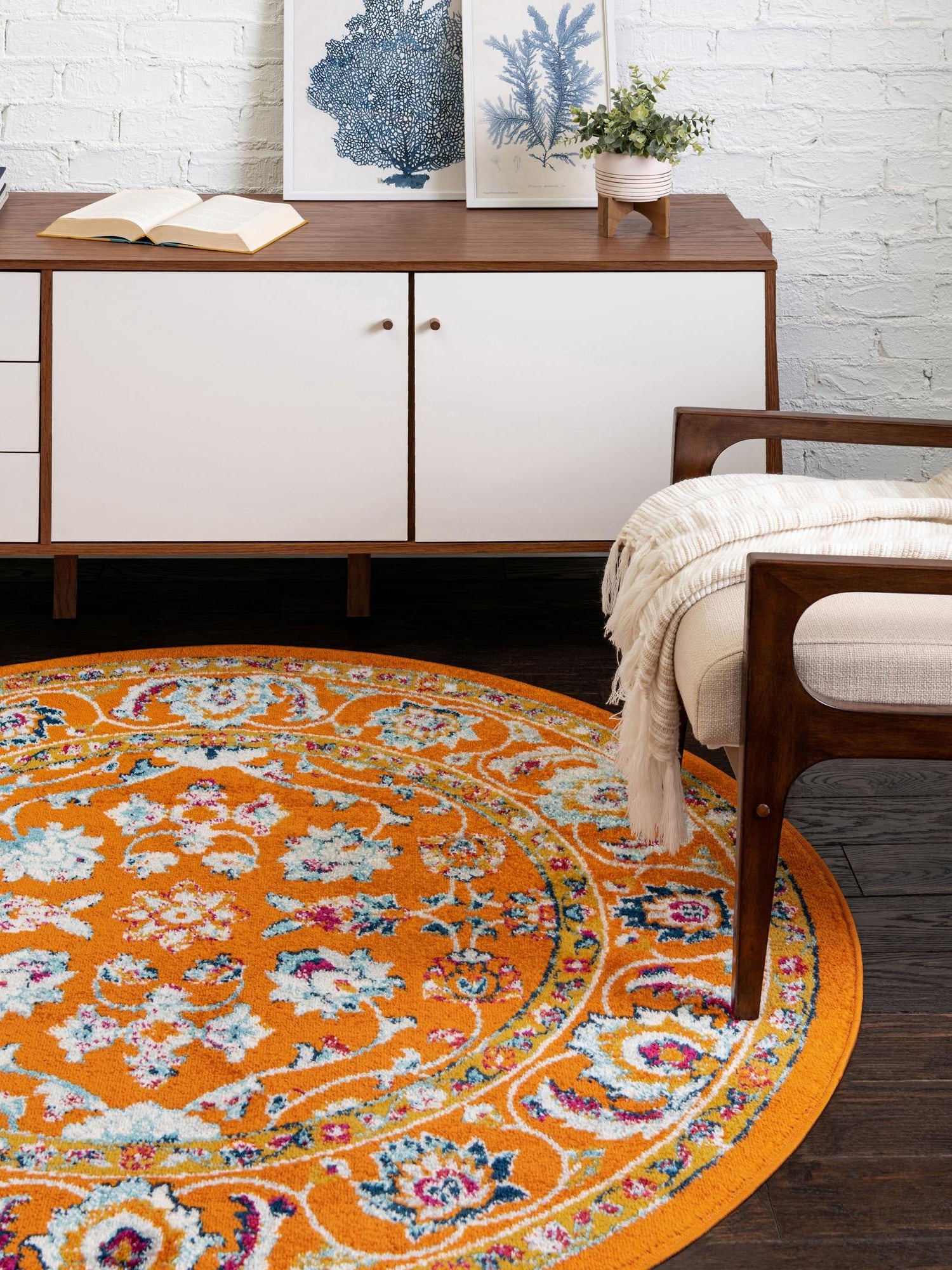 Orange 7' x 7' Aurelia Round Area Rug 100% Polypropylene & Jute Backing Living Dining Room Bedroom Office Traditional Carpet for Sale at Rug Engine