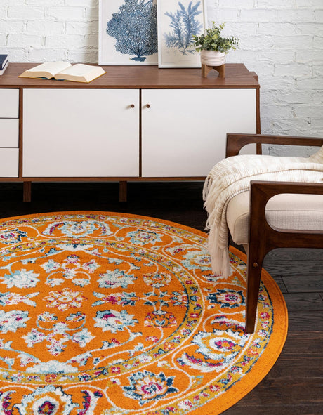 Orange 5' x 5' Aurelia Round Area Rug 100% Polypropylene & Jute Backing Living Dining Room Bedroom Office Traditional Carpet for Sale at Rug Engine